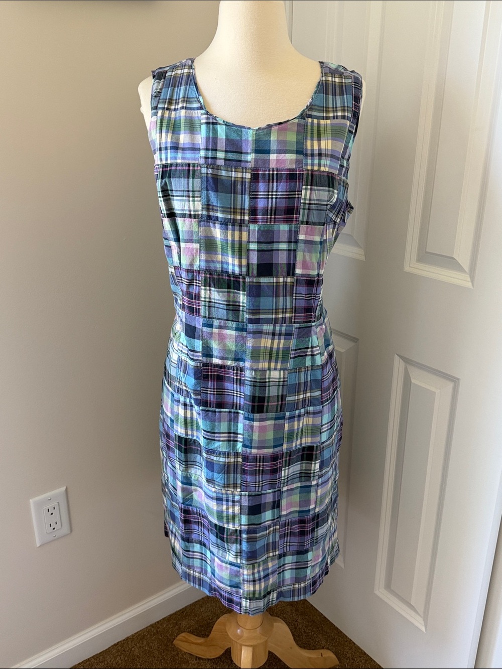 L.L. Bean Madras Plaid Sleeveless Midi Dress in Blue, Purple and Green